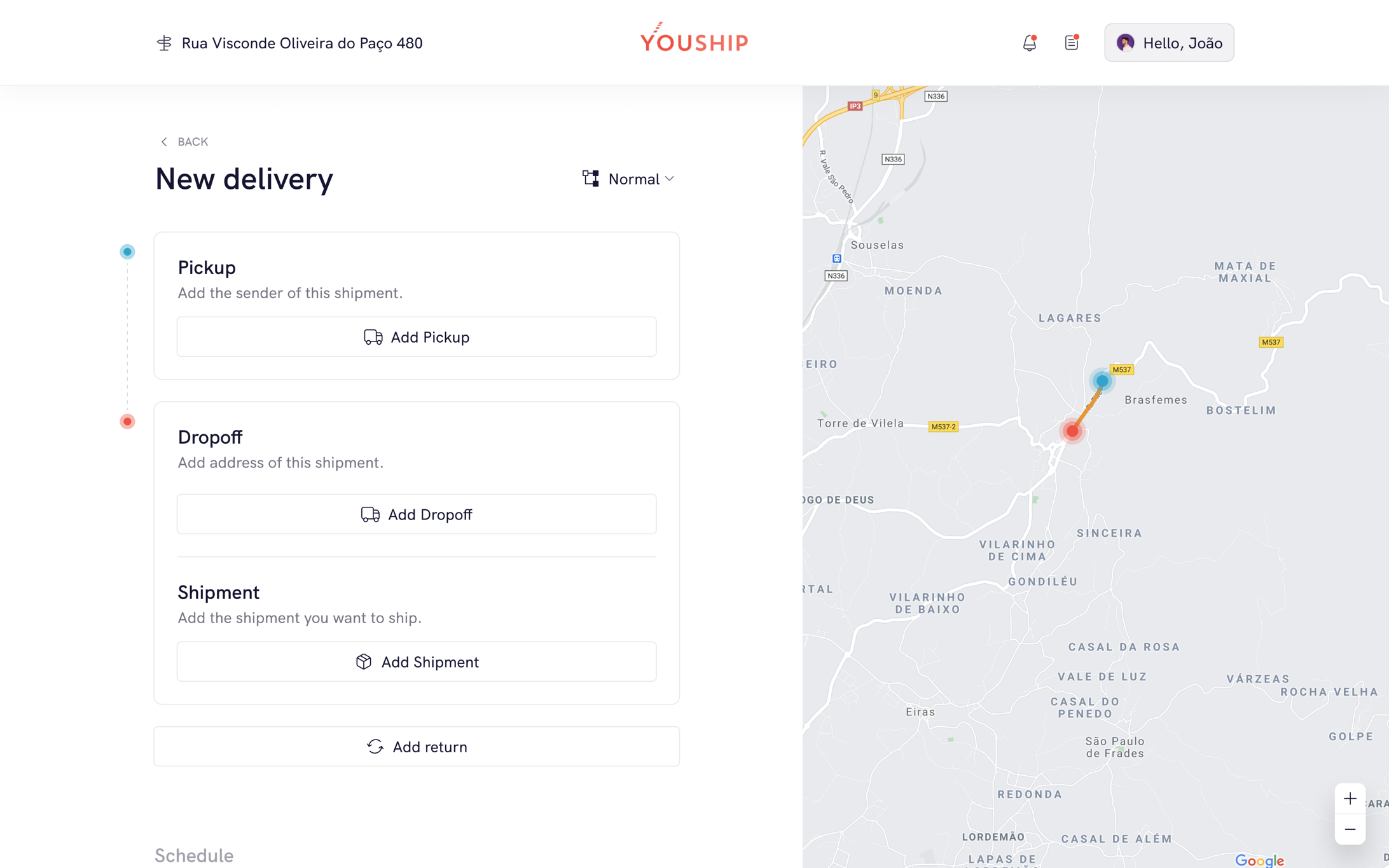 YouShip web app, novo envio