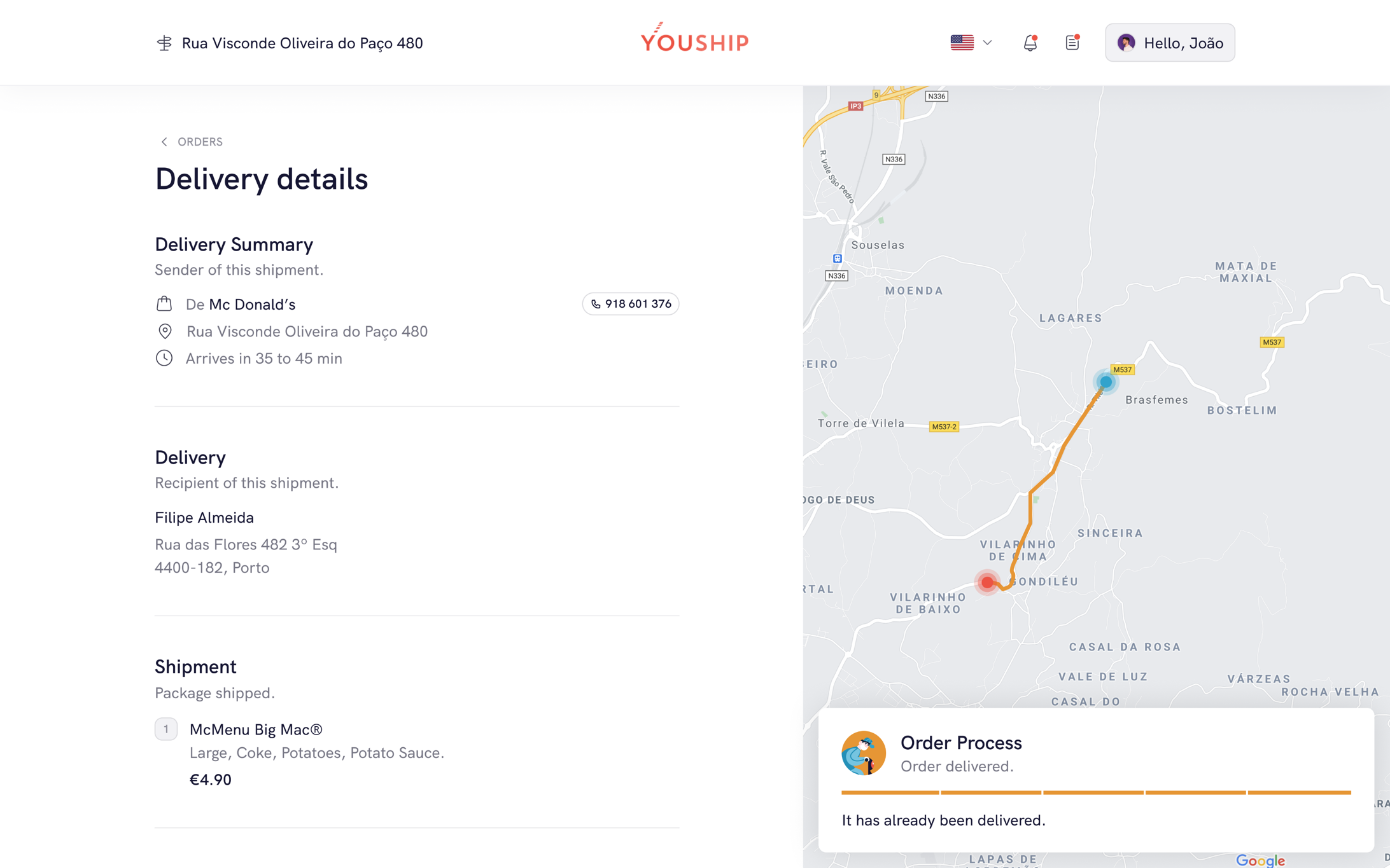 YouShip web app, detalhes e progresso da entrega